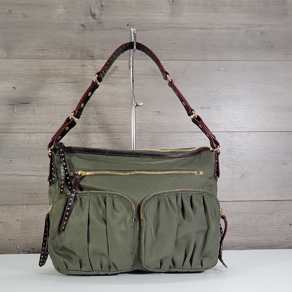 MZ Wallace Olive Green Nylon w/ Studded Black Leather Trim Shoulder Bag